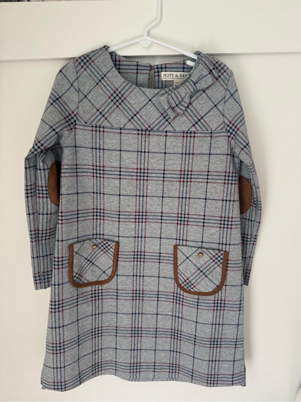 Hope & Henry Girls' Gray Plaid Bow-Accent Dress